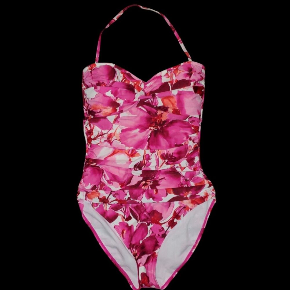 Simply Swim Pink & White Floral Swimsuit One Piece Bathing Suit Flowers Size 14